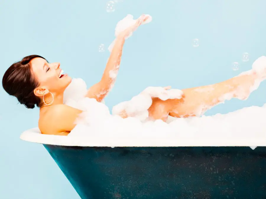Photo of a woman playing in a bubble bath