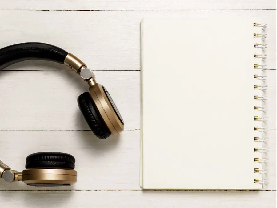 Picture of a notebook and a set of headphones